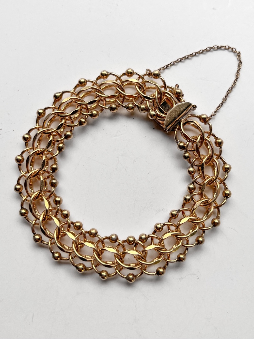 MCM 12k Gold Filled Wide Link Bracelet w Safety Chain & Clasp Jacoby Bender